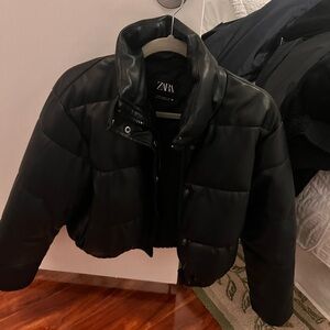 Zara Leather Cropped Puffer Jacket